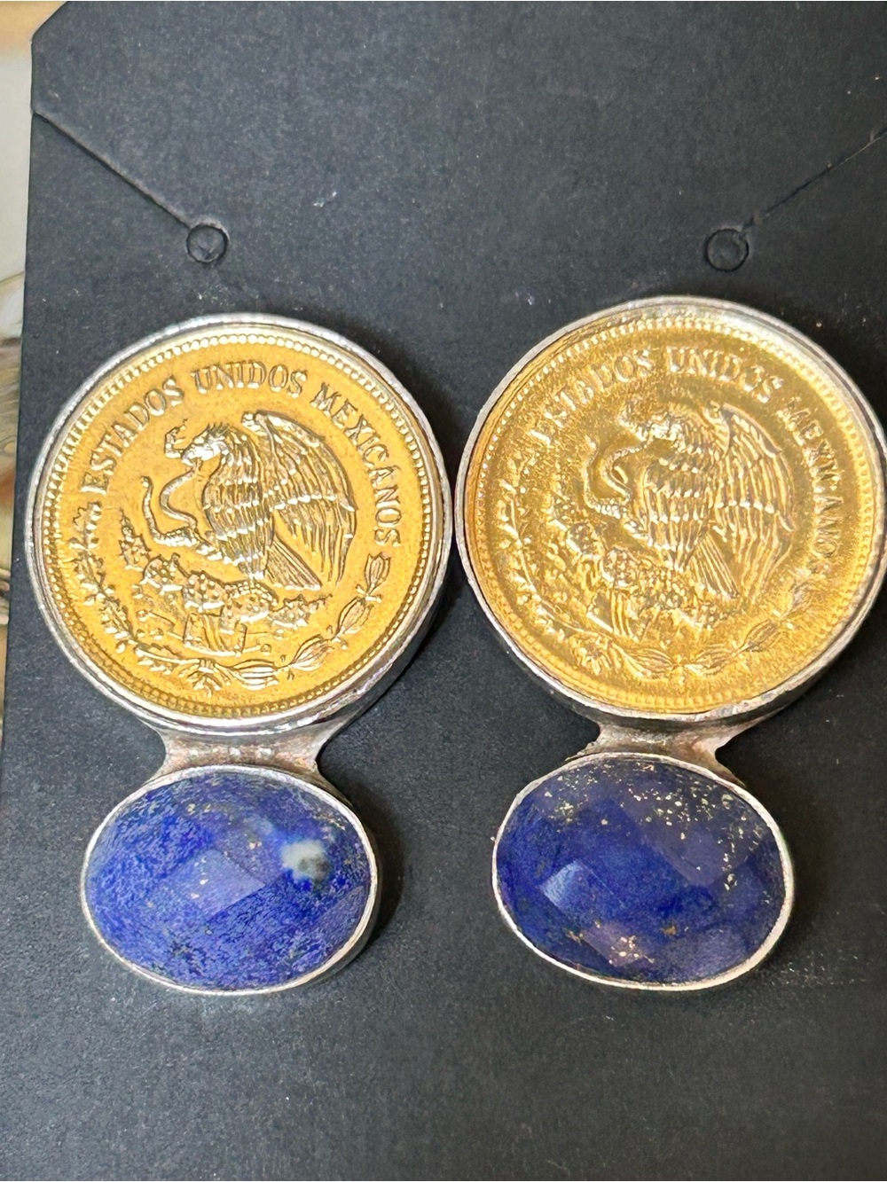 New Sterling Silver Mexican Coin Drop Earrings with Blue Lapis Lazuli NWOT